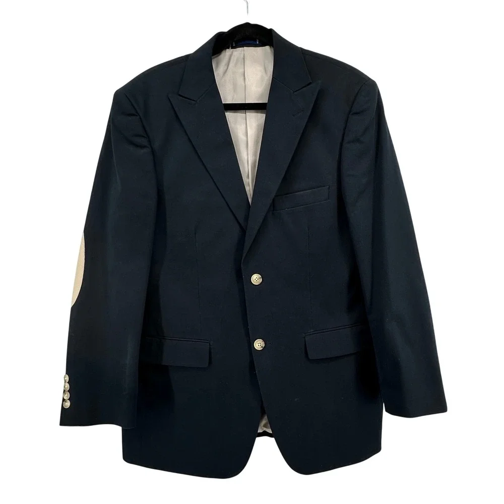 Paul Fredrick Blazer Mens 40S Navy Blue Cotton Suede Elbow Patches Academia